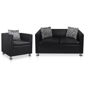 Sofa Set Armchair and 2-Seater Black Faux Leather