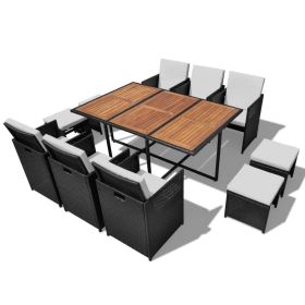 11 Piece Patio Dining Set Poly Rattan and Acacia Wood Black