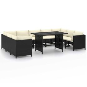 10 Piece Patio Lounge Set with Cushions Poly Rattan Black