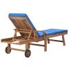Sun Lounger with Cushion Solid Teak Wood Blue