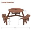 6-Person Circular Outdoor Wooden Picnic Table for Patio; Backyard; Garden; DIY w/ 3 Built-in Benches; 1720lb Capacity - Brown