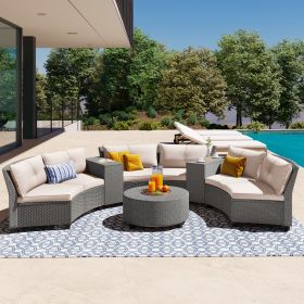 [VIDEO provided] 6 - Person Fan-shaped Rattan Suit Combination with Cushions and Table; Suitable for Garden (Color: as Pic)