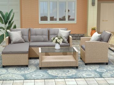 Outdoor;  Patio Furniture Sets;  4 Piece Conversation Set Wicker Ratten Sectional Sofa with Seat Cushions (Color: as Pic)
