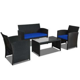 4 Pieces Rattan Patio Furniture Set with Weather Resistant Cushions and Tempered Glass Tabletop (Color: as Pic)