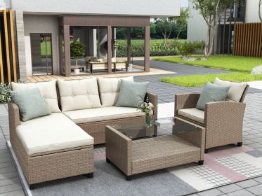 Outdoor, Patio Furniture Sets, 4 Piece Conversation Set Wicker Ratten Sectional Sofa with Seat Cushions(Beige Brown) (Color: as Pic)