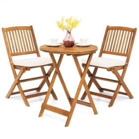 3 Pieces Patio Folding Wooden Bistro Set Cushioned Chair (Color: as Pic)