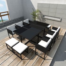 11 Piece Patio Dining Set with Cushions Poly Rattan Black (Color: Black)