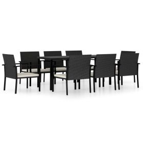 9 Piece Patio Dining Set Poly Rattan Black (Color: Black)
