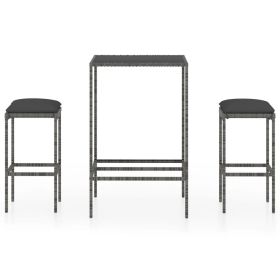 3 Piece Patio Bar Set with Cushions Poly Rattan Gray (Color: Grey)