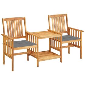 Patio Chairs with Tea Table and Cushions Solid Acacia Wood (Color: Brown)