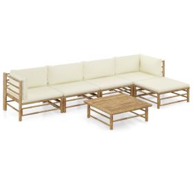 6 Piece Patio Lounge Set with Cream White Cushions Bamboo (Color: Brown)