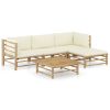 5 Piece Patio Lounge Set with Cream White Cushions Bamboo