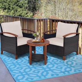 3 Pieces Patio Rattan Furniture Set with Washable Cushion and Acacia Wood Tabletop (Color: as Pic)