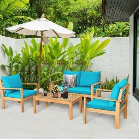 4 Pieces Patio Acacia Wood Thick Cushion Loveseat Sofa Set (Color: as Pic)