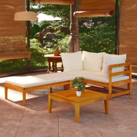 3 Piece Patio Lounge Set with Cream White Cushions Acacia Wood (Color: Cream)