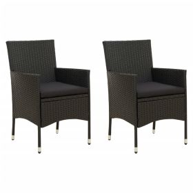 Patio Chairs with Cushions 2 pcs Poly Rattan Black (Color: Black)