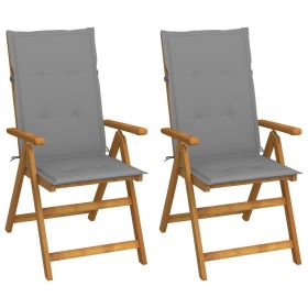Patio Reclining Chairs 2 pcs with Cushions Solid Acacia Wood (Color: Gray)