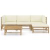 5 Piece Patio Lounge Set with Cream White Cushions Bamboo